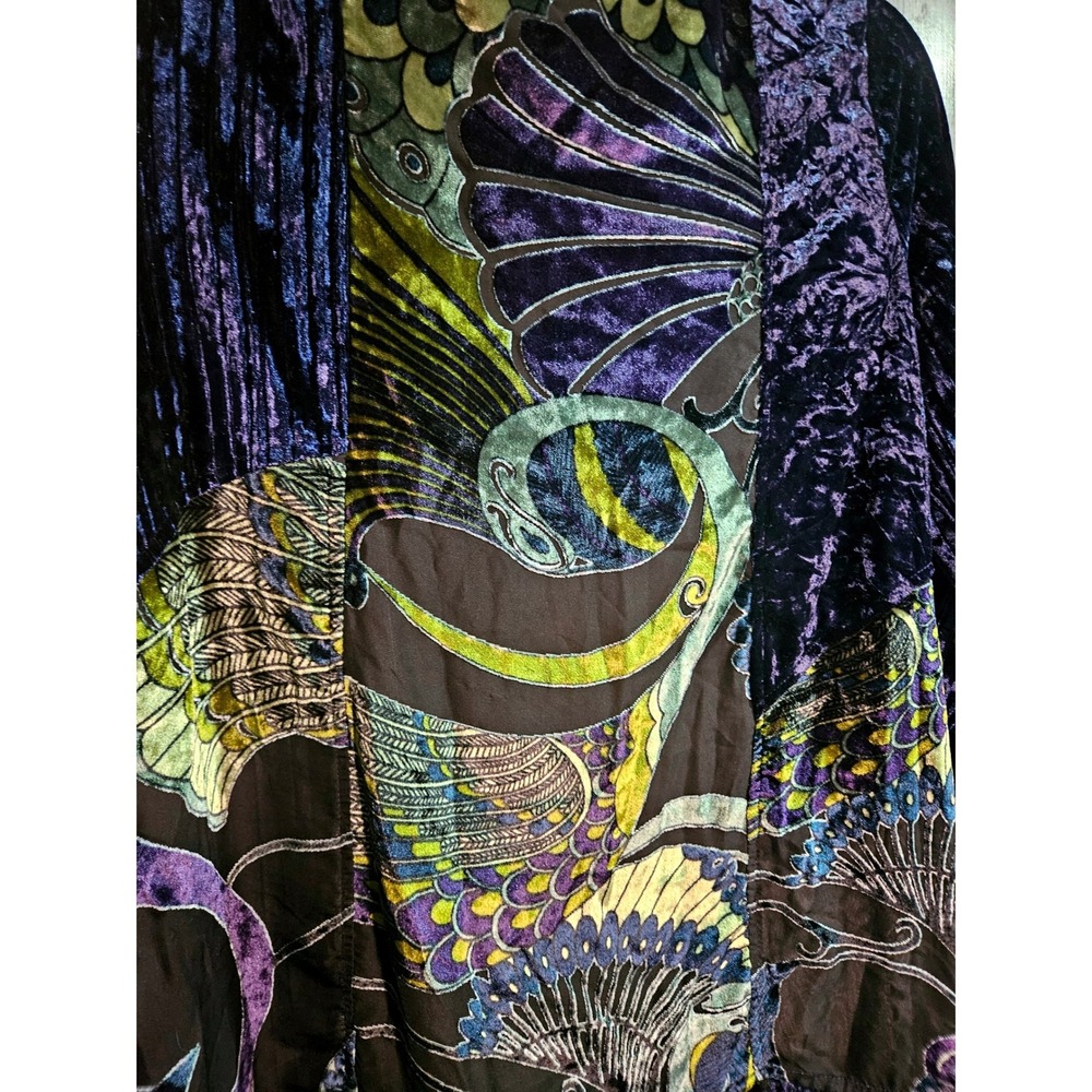 Ali Miles‎ Small Blue Velvet Patchwork Peacock Open Front Cardigan #370